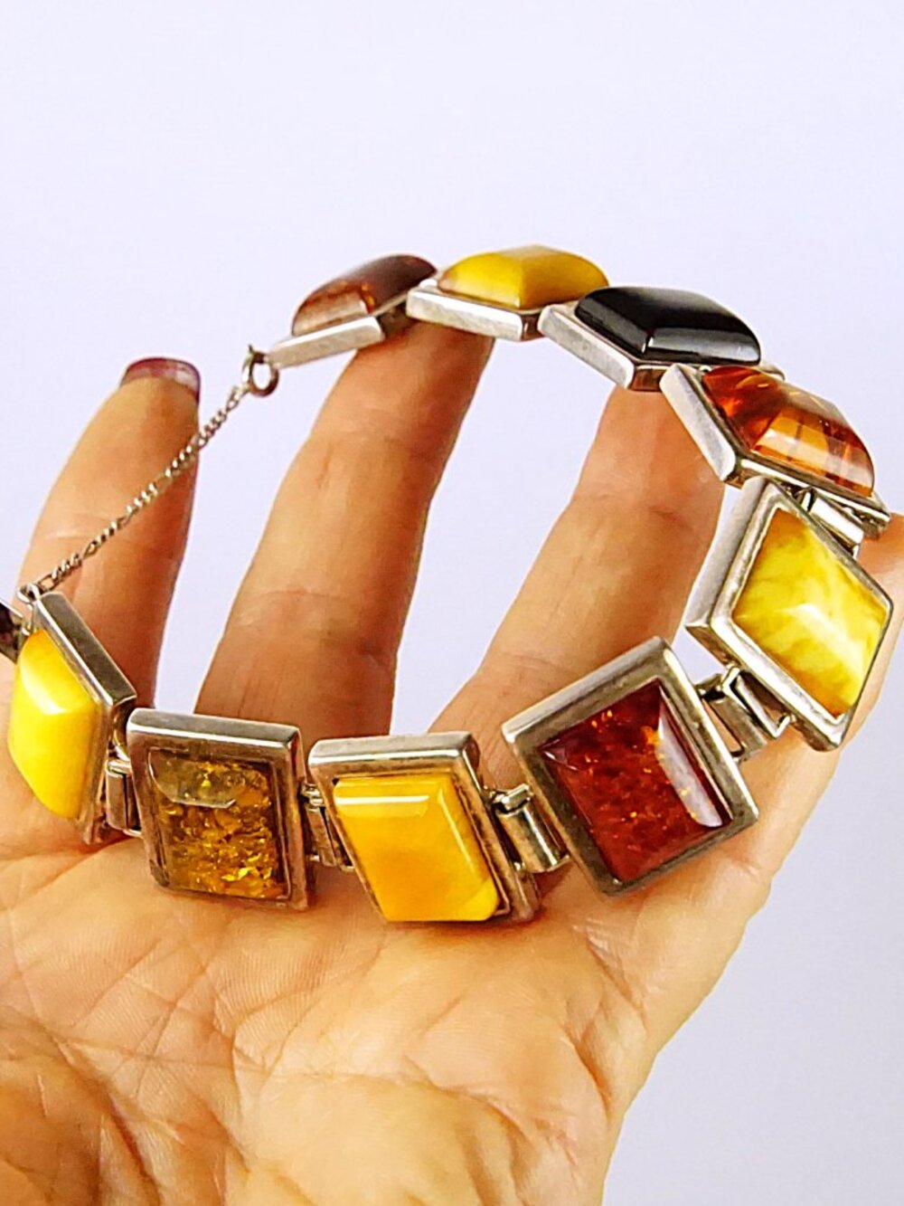 9 Panel Amber & 925 Silver Heavy Cuff Bracelet Size 8